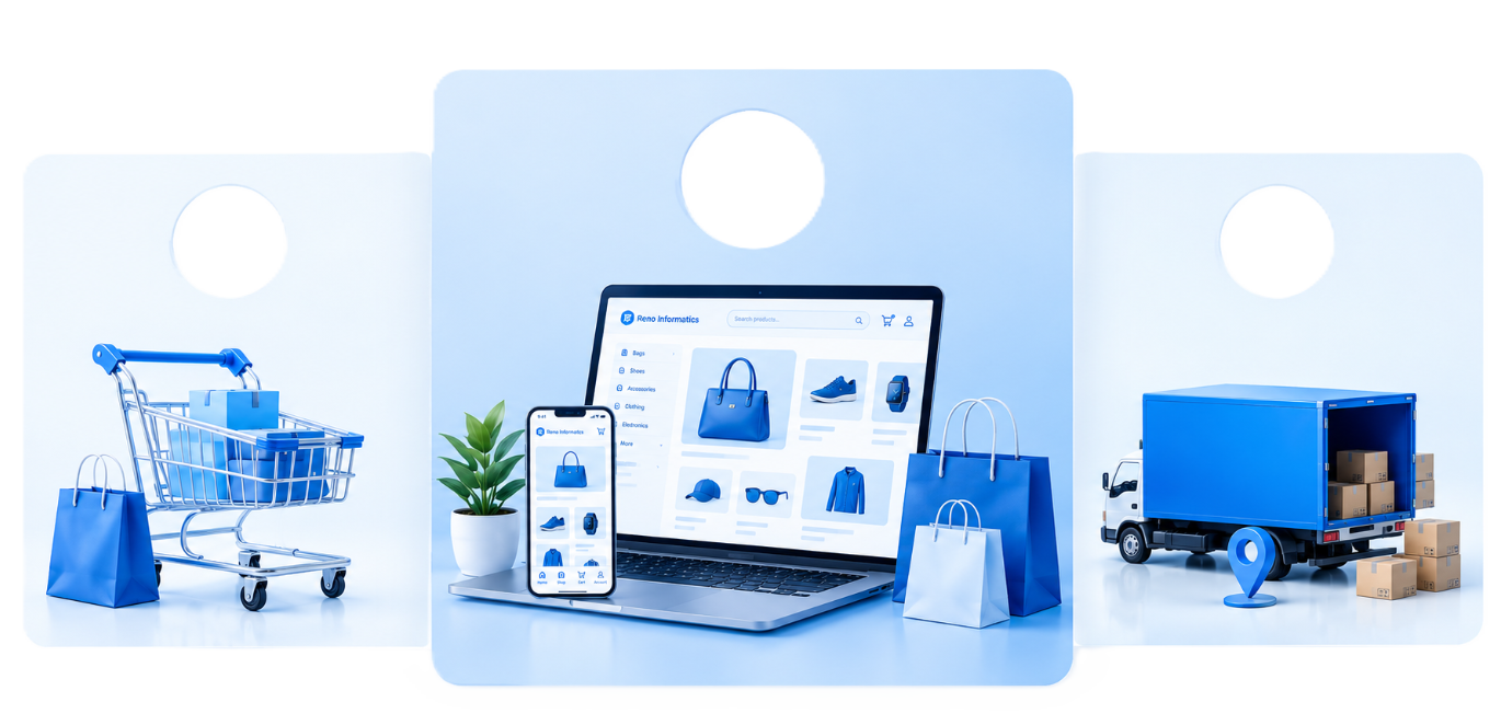 E-Commerce development illustration showing checkout and catalog dashboard
