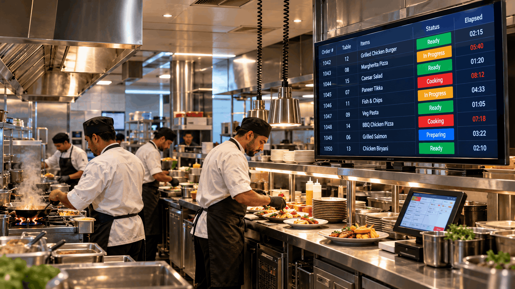 Chef managing orders on digital Kitchen Display System screen in commercial restaurant kitchen