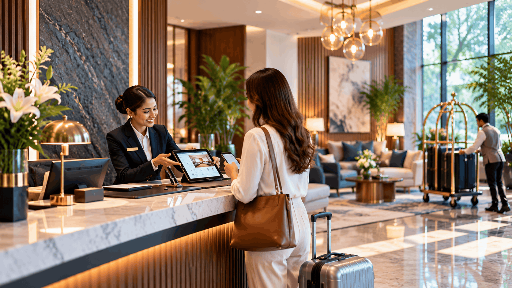 Luxury Hotel Reception Front Desk Tablet Check-in with Reno Infomatics PMS
