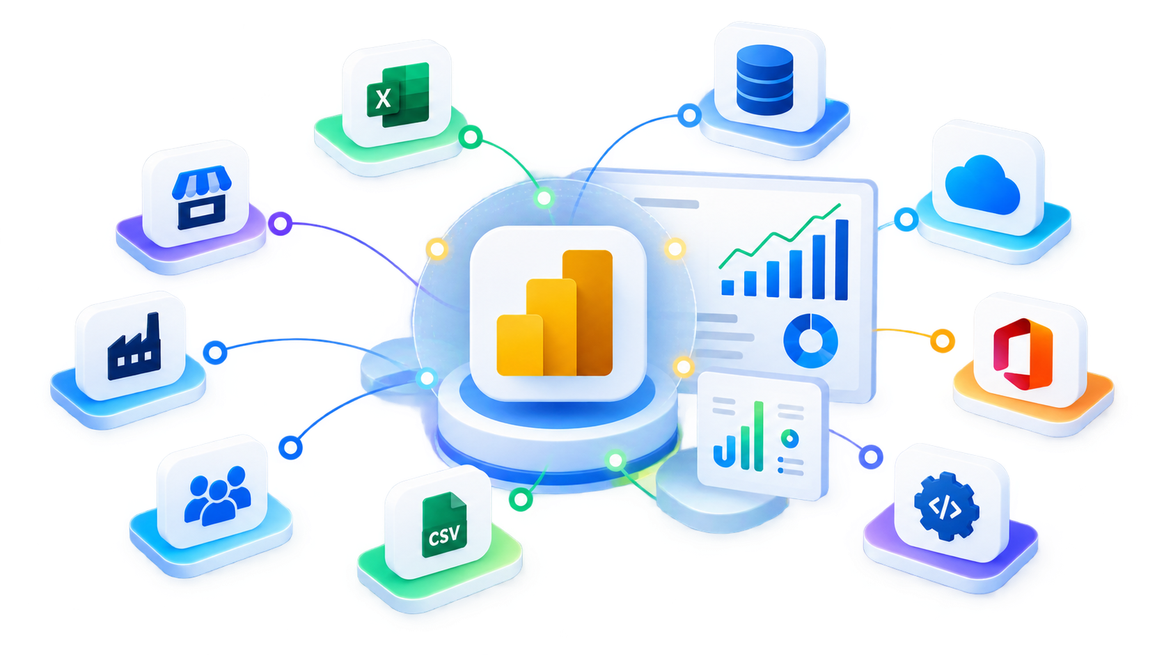 Power BI data sources integration architecture connecting ERP, databases, CRM, APIs and cloud applications