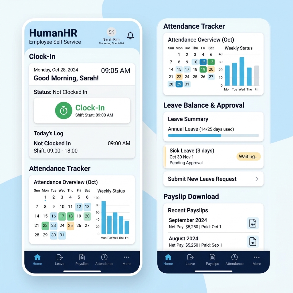 RENO HRMS Mobile Employee Self-Service App interface showing geo-attendance and payslips