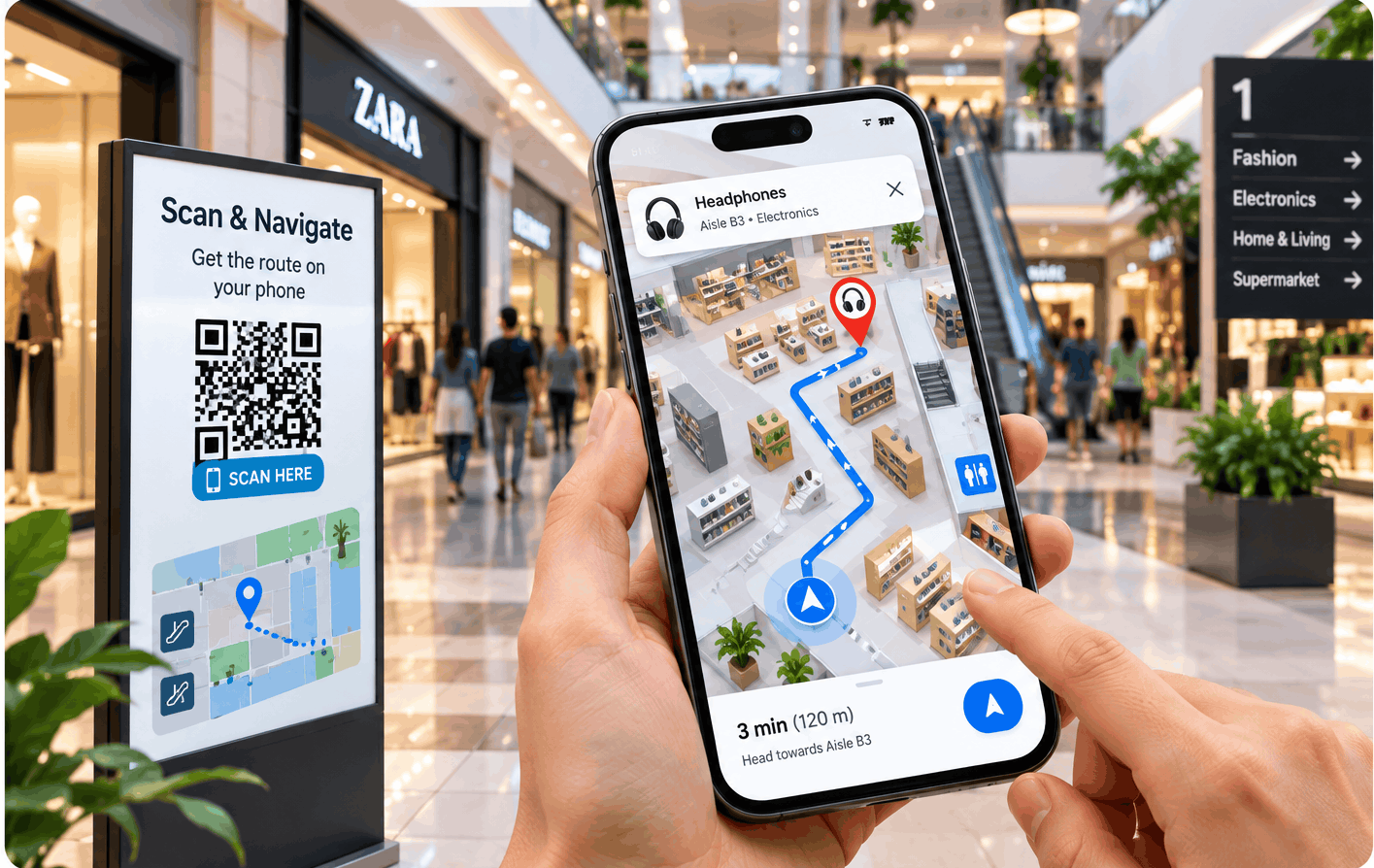 Easy Way Finder Mobile Web Navigation interface displaying turn-by-turn walking steps and target product shelf